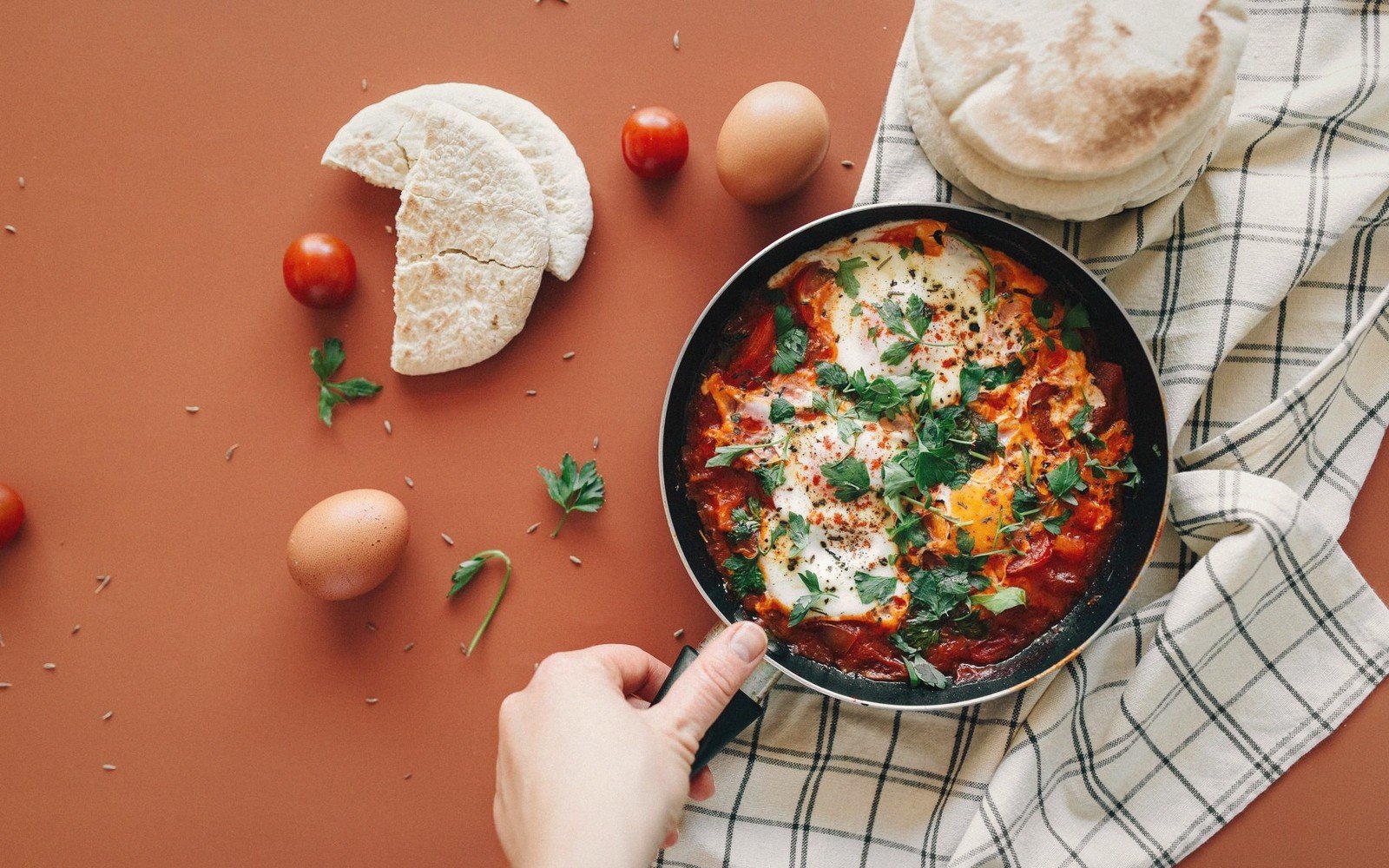 Menemen — eggs cooked with tomato and pepper, served in its pan